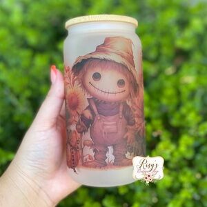 Fall Sunflower Cute Scarecrow 16oz Glass cup